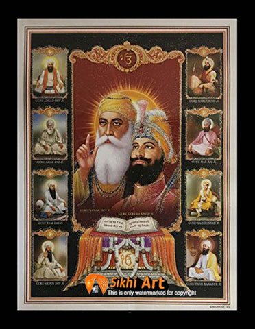 10 Sikh Gurus With Guru Granth Sahib Ji Photo Picture Framed - 20 X 14 - sikhiart