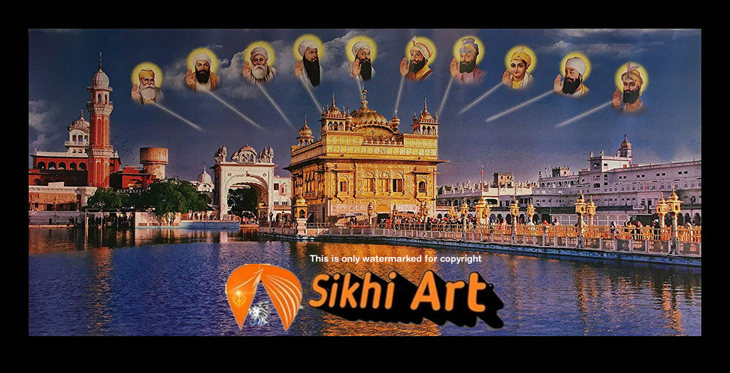 Sikh Gurus At Sri Darbar Sahib Amritsar Golden Temple With Ten Sikh Gurus In Size - 40 X 20 - sikhiart