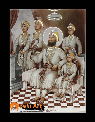 Guru Gobind Singh Ji With Chaar Sahibzaade Modern Print Photo Picture Framed - 23 X 18
