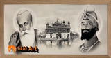 Guru Nanak Dev Ji And Guru Gobind Singh Ji in Harmandir sahib Black and White picture frame 32” x 14”