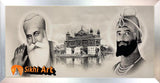 Guru Nanak Dev Ji And Guru Gobind Singh Ji in Harmandir sahib Black and White picture frame 32” x 14”