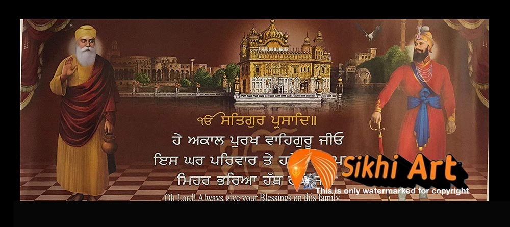 Guru Nanak Dev Ji And Guru Gobind Singh Ji In Golden Temple With Blessing In Size - 28 X 12