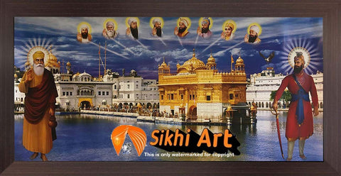 Harmandir Sahib Golden Temple Amritsar Punjab India With Sikh Gurus 3 In Size - 28 X 13 - sikhiart