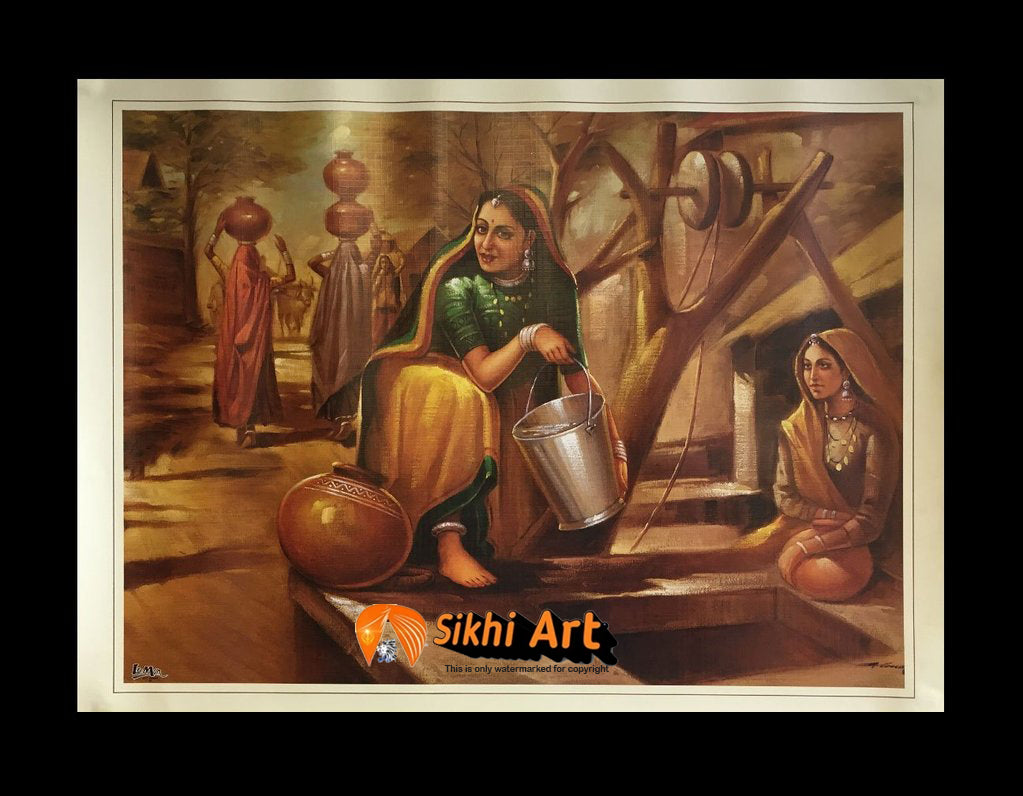 Punjabi Women In Traditonal Water Well In Size - 18 X 14 - sikhiart