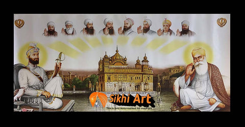 Sikh Gurus And Harmandir Sahib Golden Temple In Size - 28 X 13 - sikhiart