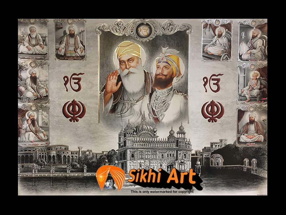 Sikh Gurus With Guru Granth Sahib Ji And Golden Temple In Size - 16 X 12 - sikhiart